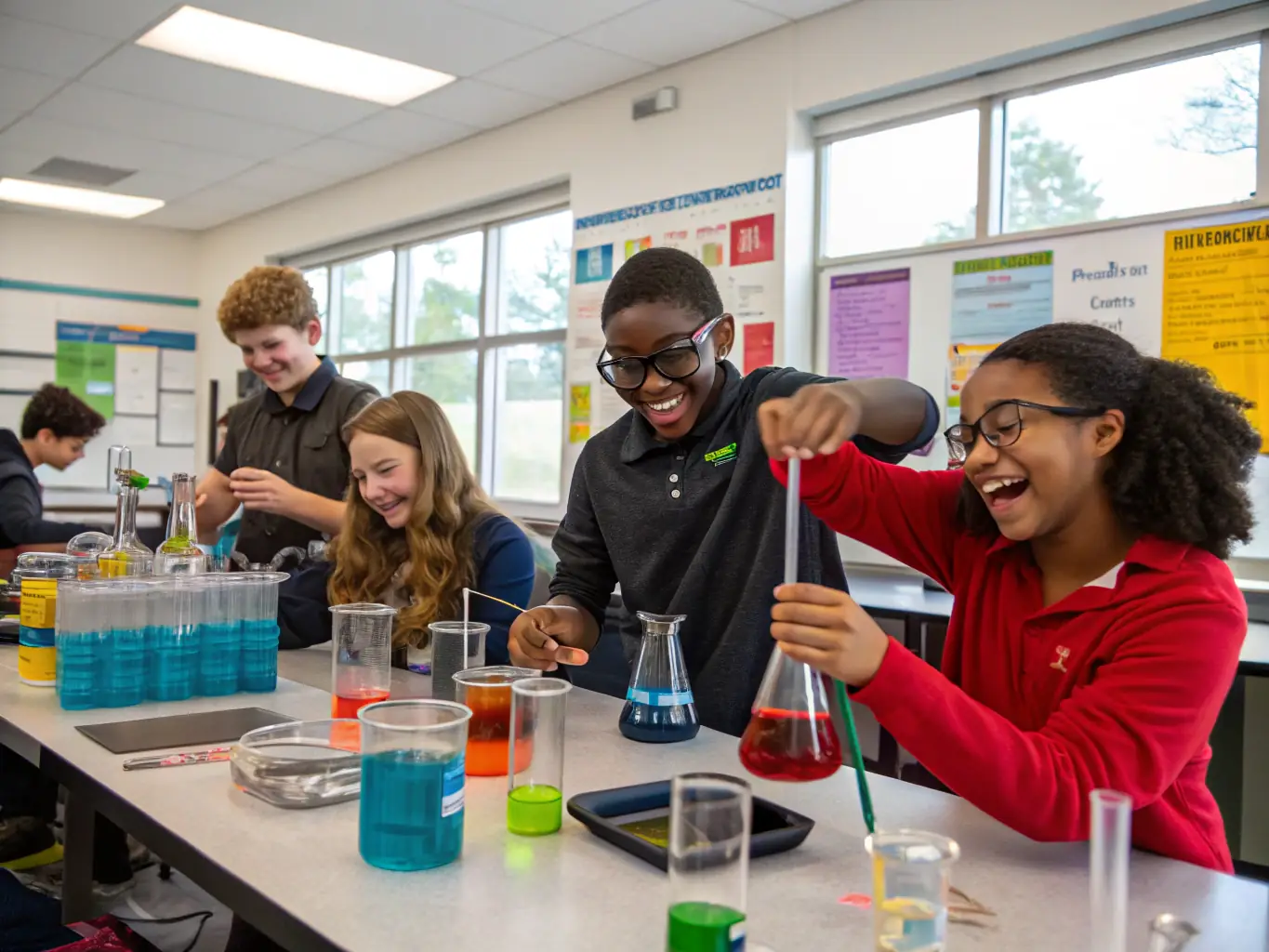A classroom setting with a diverse group of young people engaged in a hands-on science experiment, guided by an enthusiastic instructor, with educational posters and books visible in the background.