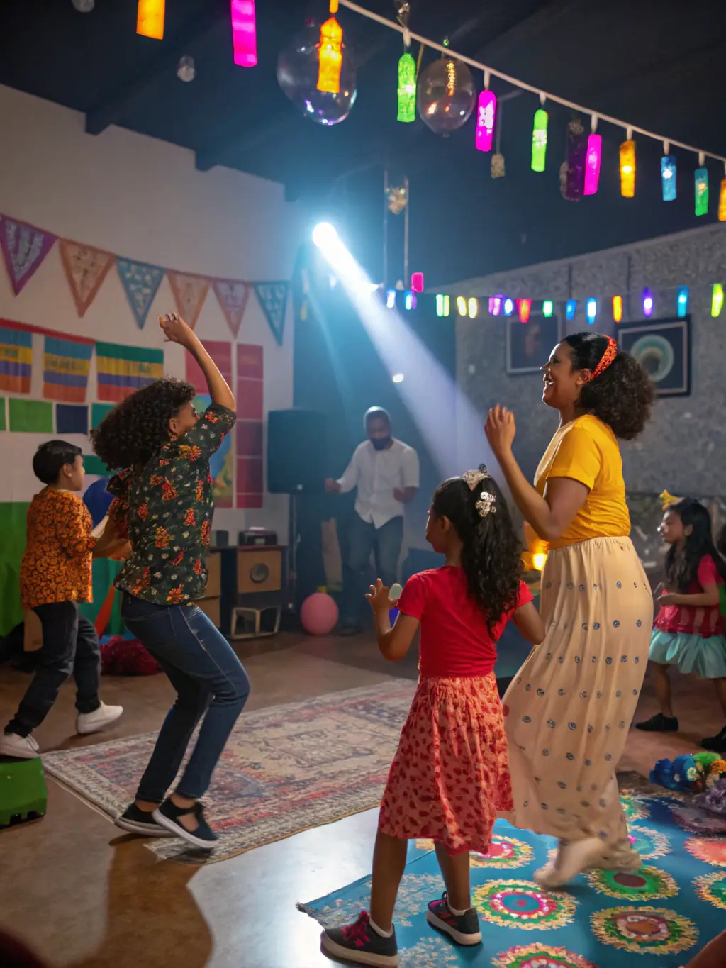 A joyful scene of children and adults dancing together during a cultural festival, with traditional costumes and live musicians in the background.