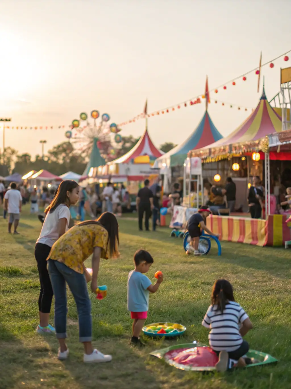 A lively outdoor scene of families and children enjoying a multicultural festival, with colorful decorations, music, and traditional costumes on display.