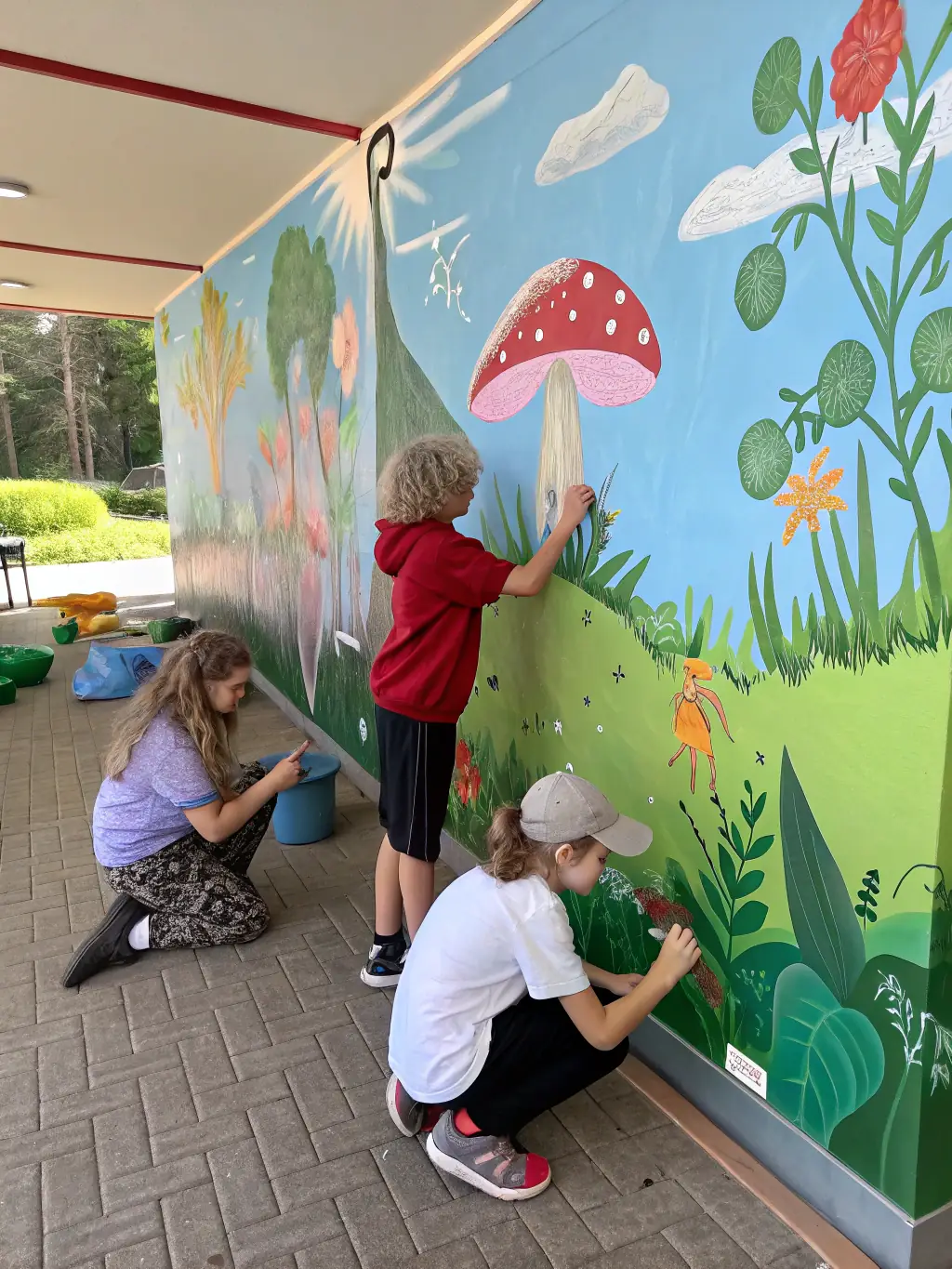 A vibrant photo of teenagers painting a large mural together in a sunlit art studio, with colorful paints and brushes, representing collaborative creativity at the youth center.