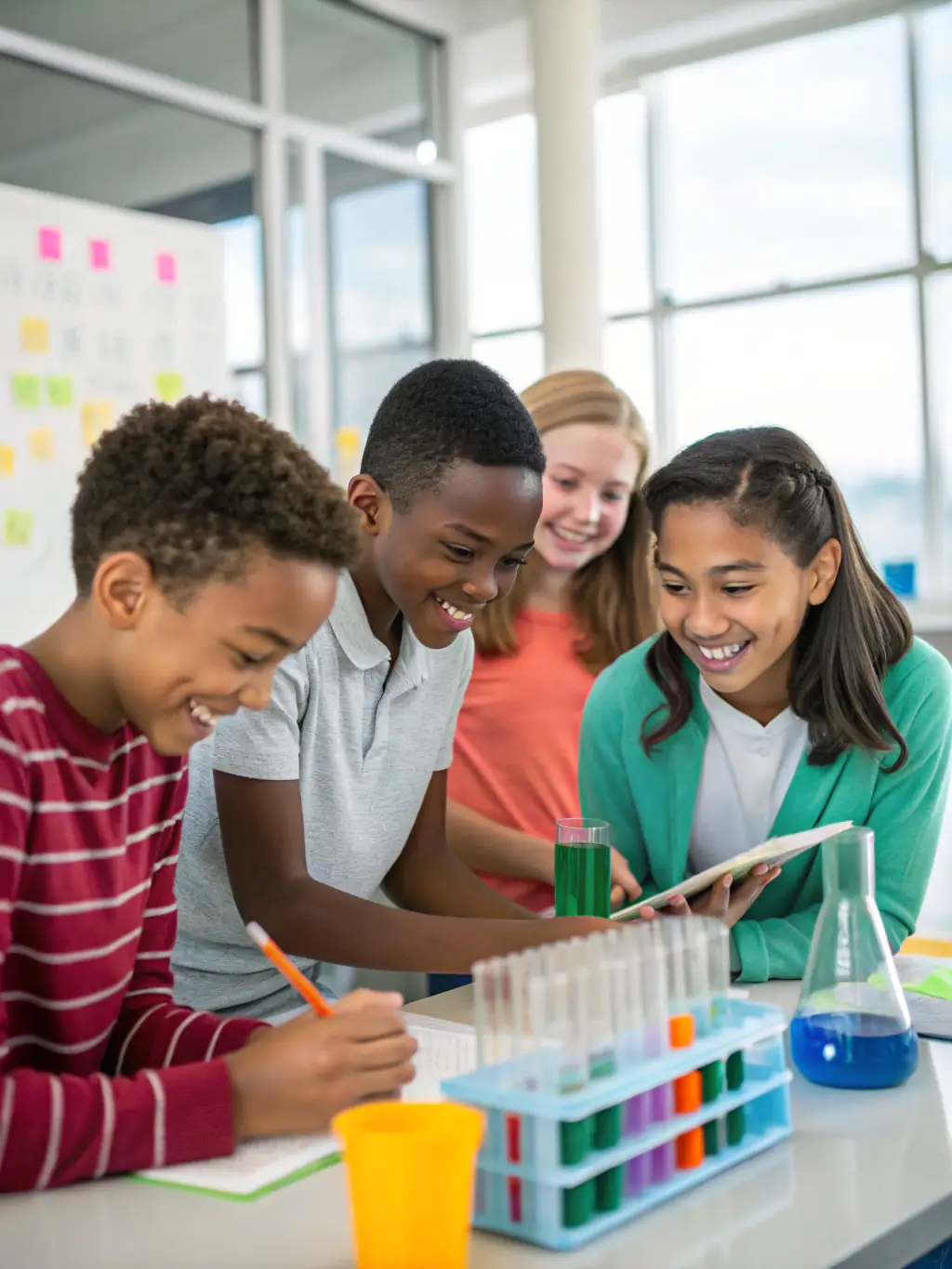 A candid image of a diverse group of children and teens gathered around a table, engaged in a science experiment with a mentor guiding them.