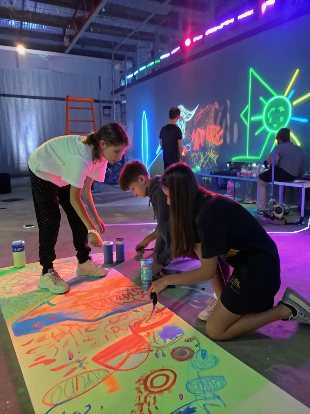 A vibrant photo of teenagers painting a large community mural together inside a bright, welcoming art studio, with colorful artwork displayed on the walls.