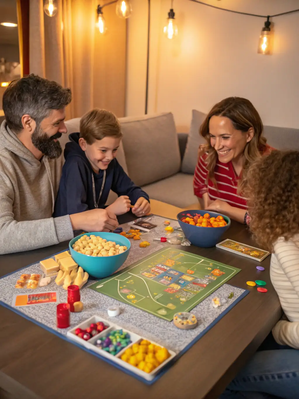 A cheerful scene of families and youth playing board games and engaging in friendly conversation in a cozy, well-lit recreation room with posters on the walls.