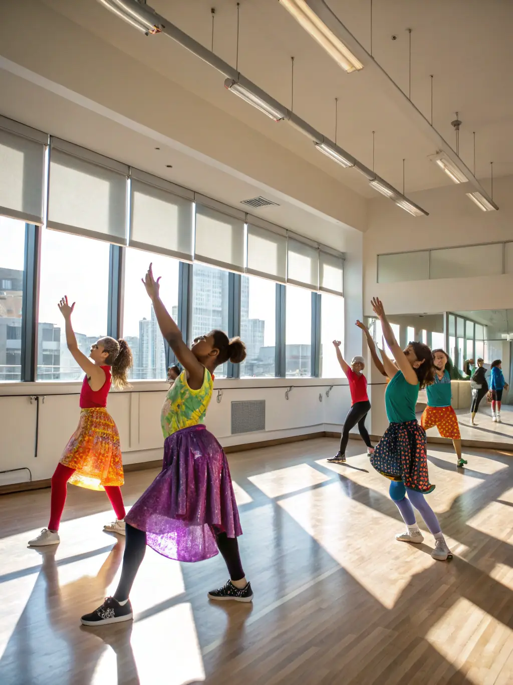 A dynamic photo of young people dancing in a spacious studio, mid-movement, with mirrors reflecting their energy and a dance instructor leading the group.