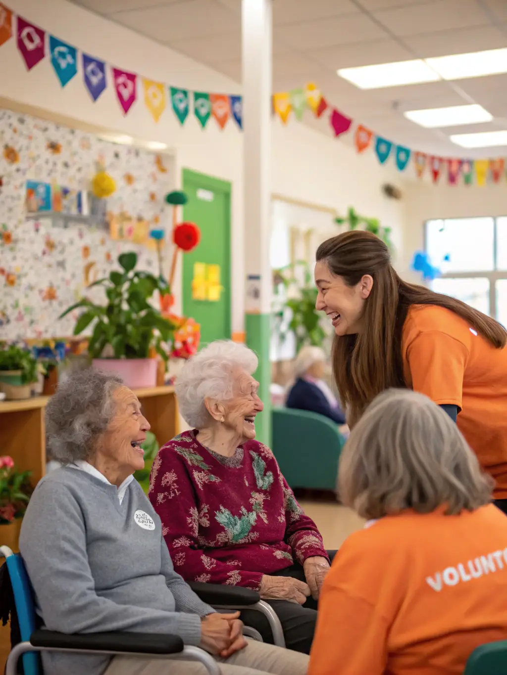 A warm image of elderly volunteers and children sharing stories and laughter around a table, with books and crafts visible, in a cozy cultural center room.
