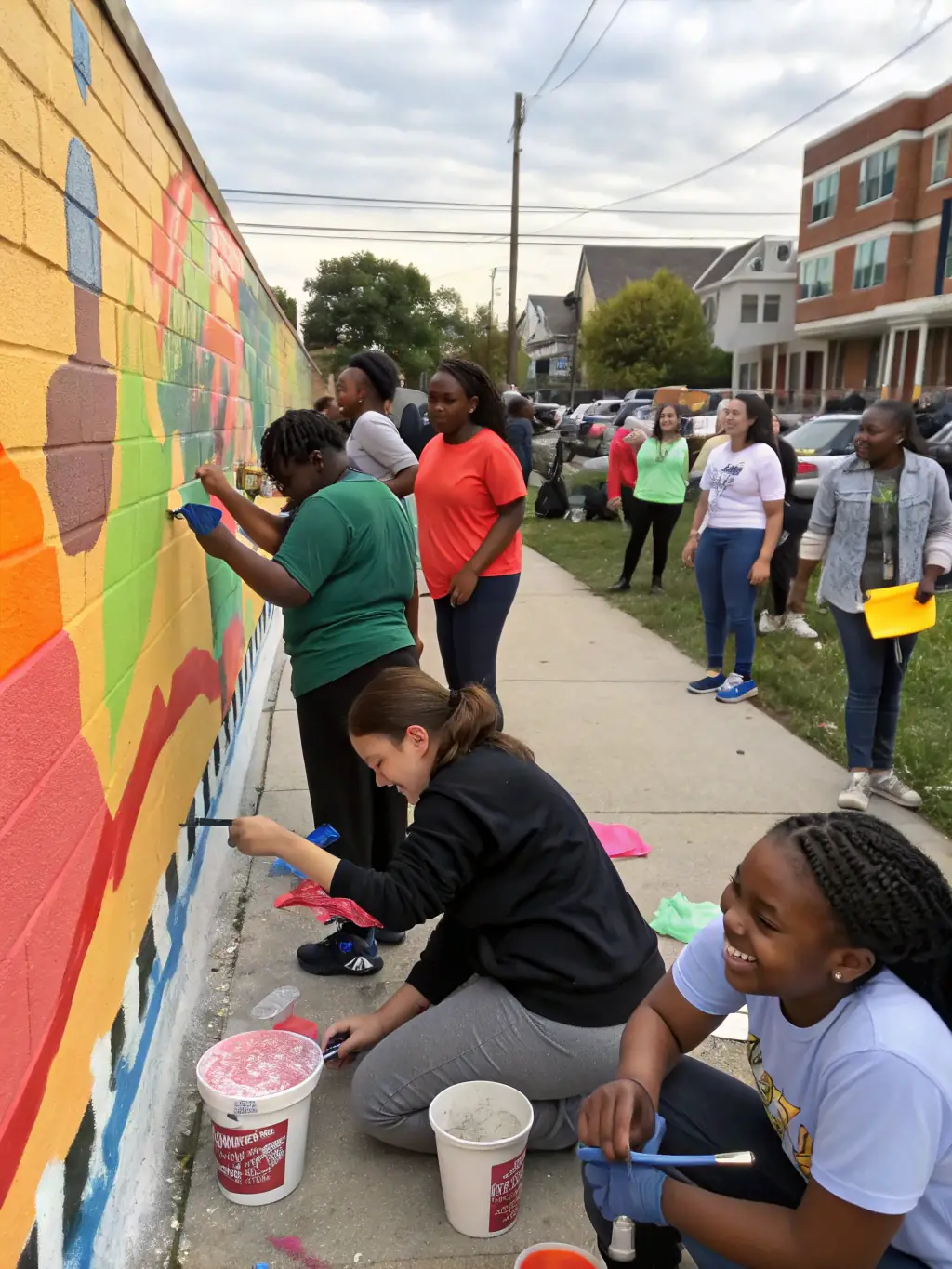 A candid photo of a diverse group of teenagers painting a large mural together inside a bright, welcoming community center, with art supplies scattered around.