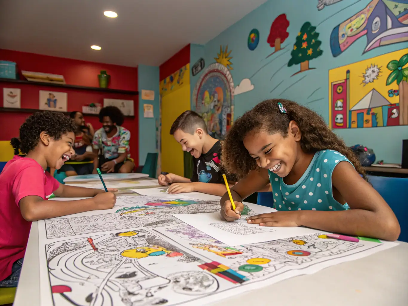 A lively scene of teenagers and children gathered around tables, painting colorful canvases and collaborating on a large mural in a bright, welcoming art studio at a youth center.