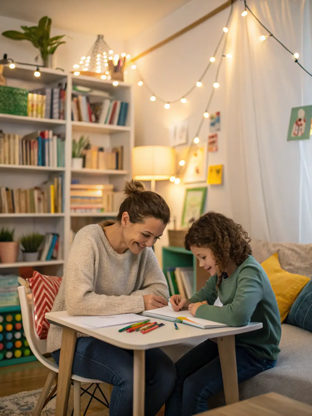 A focused shot of a mentor guiding a small group of students during an after-school homework session, with notebooks and laptops open on the table.